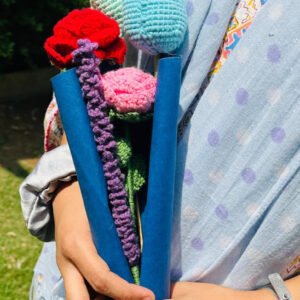 "Handmade crochet flower bouquet featuring red rose, pink rose, tulip, and lavender flowers made with cotton yarn"