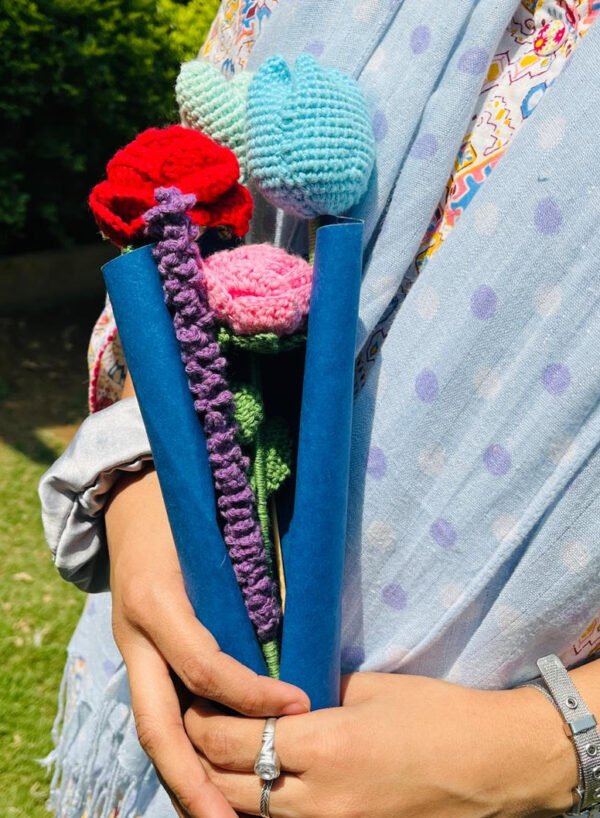 "Handmade crochet flower bouquet featuring red rose, pink rose, tulip, and lavender flowers made with cotton yarn"